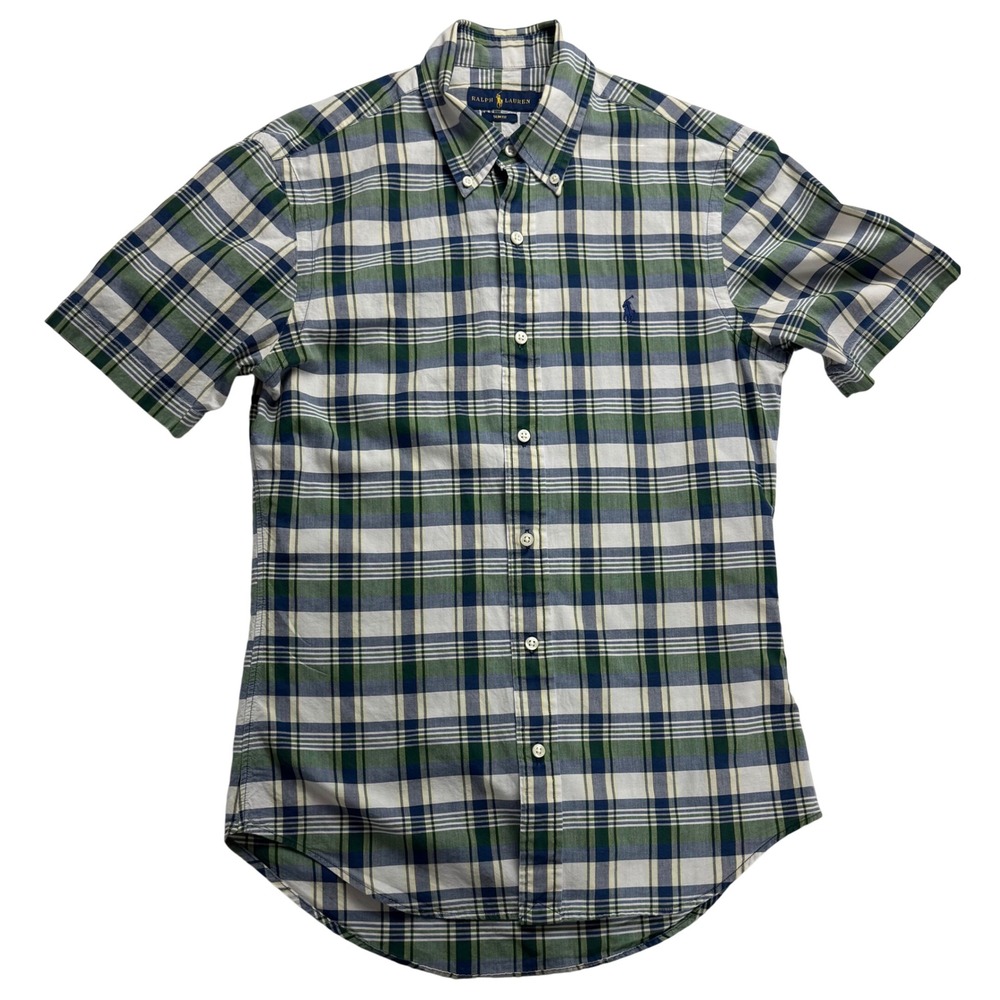 Ralph Lauren Mens Slim Fit Plaid Short Sleeve Button Down Shirt Green Blue Small